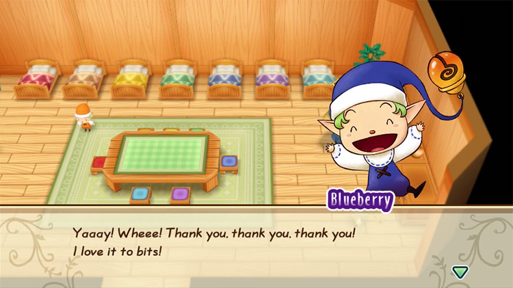 Blueberry’s reaction when the farmer gives him a loved gift. / Story of Seasons: Friends of Mineral Town