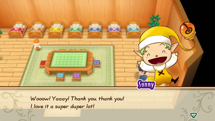 Sunny’s reaction when the farmer gives him a loved gift. Source / Story of Seasons: Friends of Mineral Town