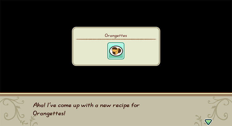 The farmer gets inspired to cook Orangette while in the kitchen. / Story of Seasons: Friends of Mineral Town