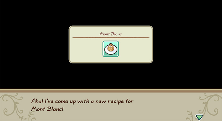 The farmer gets inspired to cook Mont Blanc while in the kitchen. / Story of Seasons: Friends of Mineral Town