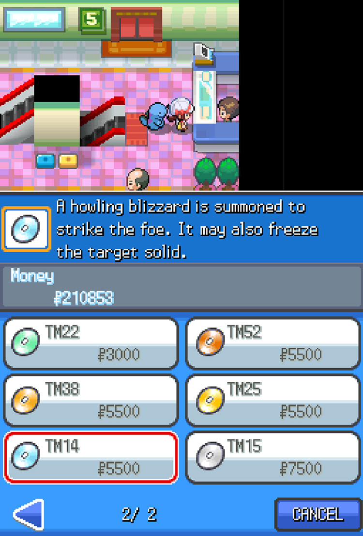 The set of TMs for sale at the Goldenrod Department Store, with a red highlight around TM14 Blizzard / Pokemon HGSS