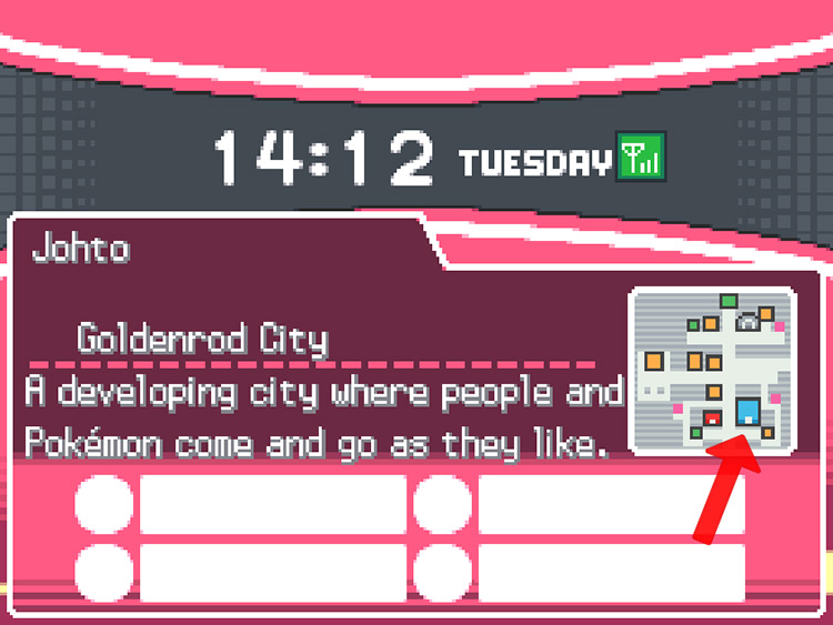 Goldenrod City’s mini-map on the top screen of the PokéGear Map, with a red arrow pointing to the blue icon representing Goldenrod Department Store / Pokemon HGSS