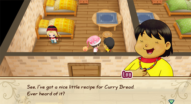 Lou offers to teach the farmer the recipe for Curry Bread. / Story of Seasons: Friends of Mineral Town