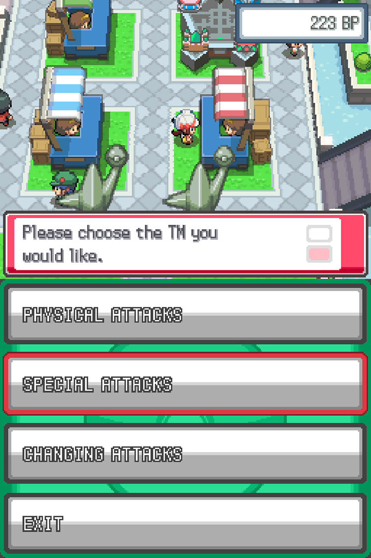 The TM category selection menu at the Battle Frontier’s TM exchange stall, with the Special Attacks set highlighted in red / Pokemon HGSS