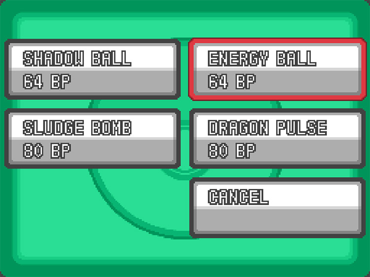 The set of Special Attacks TMs in the Battle Frontier’s TM exchange stall, with a red highlight around TM 53 Energy Ball / Pokemon HGSS
