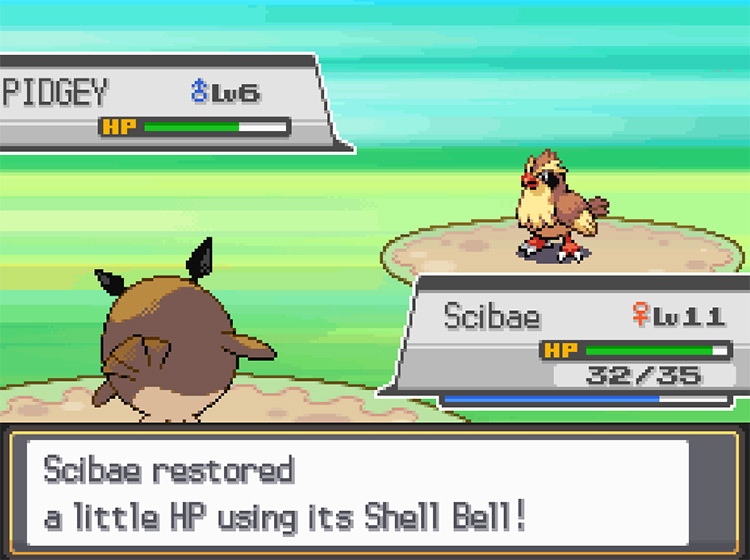 A Hoothoot recovering HP using the Shell Bell. / Pokemon HGSS