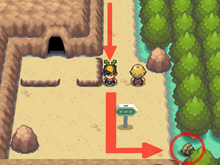 Showing the Shell Bell location behind a breakable rock. / Pokemon HGSS