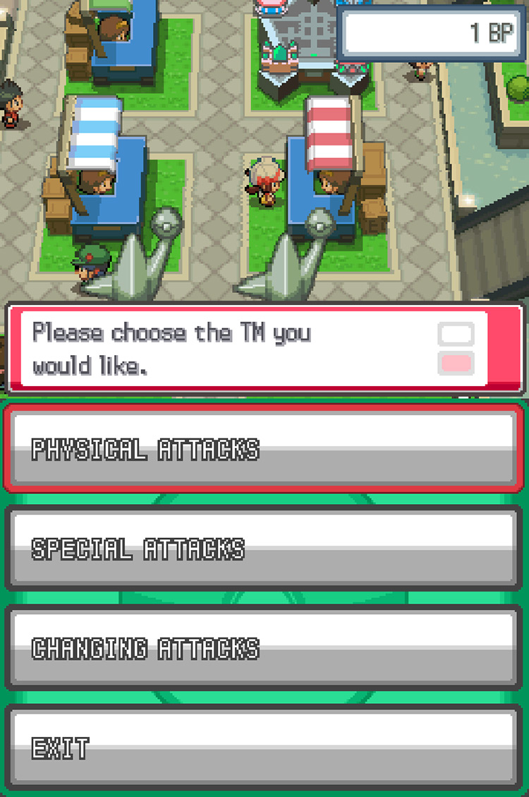 The TM category selection menu at the Battle Frontier’s TM exchange stall, with the Physical Attacks set highlighted in red / Pokemon HGSS