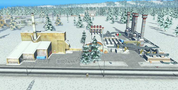 A boiler station (left) and a geothermal heating plant. / Cities: Skylines