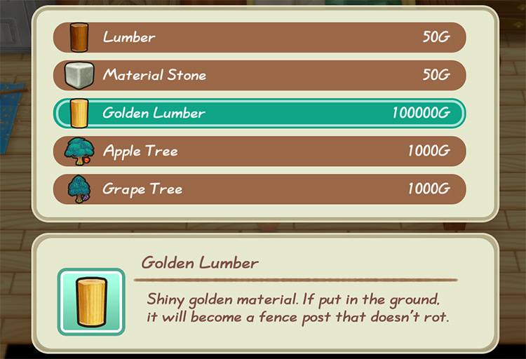 Gotts sells a piece of Golden Lumber to the farmer. / Story of Seasons: Friends of Mineral Town
