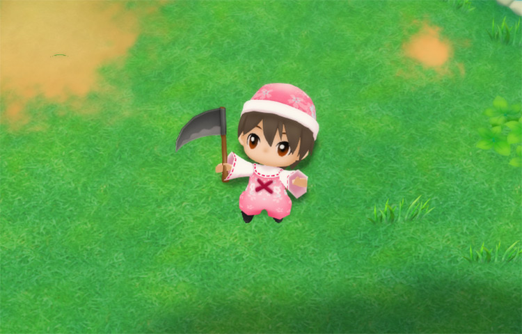 The farmer equips the Cursed Sickle. / Story of Seasons: Friends of Mineral Town