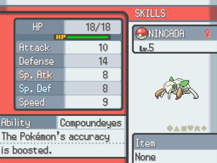 A Nincada with the Compoundeyes ability. / Pokémon HeartGold and SoulSilver