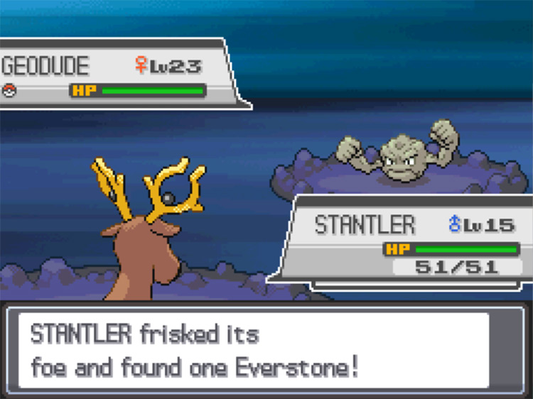 A Wild Geodude is revealed to be carrying an Everstone. / Pokémon HeartGold and SoulSilver