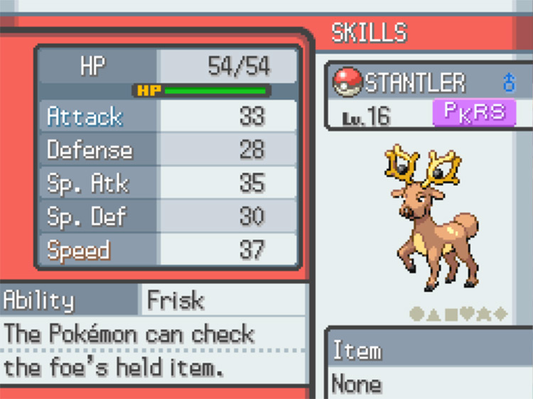 A Stantler with the ability Frisk. / Pokémon HeartGold and SoulSilver