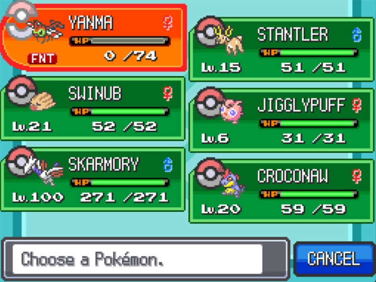 A fainted Yanma and a Stantler arranged to most efficiently farm held items. / Pokémon HeartGold and SoulSilver