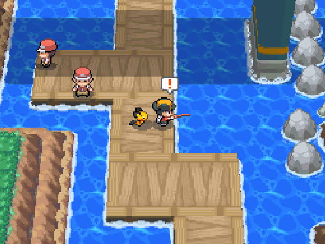 Fishing for Tentacool with an Old Rod on the Pier of Route 32. / Pokémon HeartGold and SoulSilver