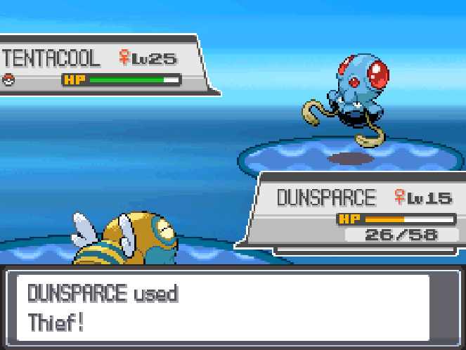 A Dunsparce stealing a Poison Barb from a Tentacool. / Pokémon HeartGold and SoulSilver