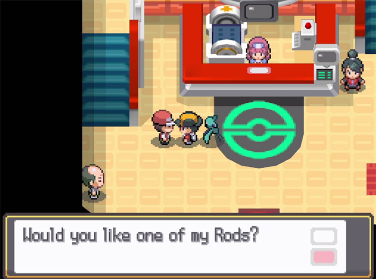 The Fisherman offers the Old Rod to the player. / Pokémon HeartGold and SoulSilver