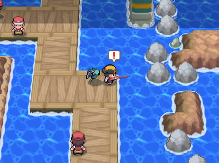 Press “A” when the ‘!’ appears to pull in a Pokémon. / Pokémon HeartGold and SoulSilver
