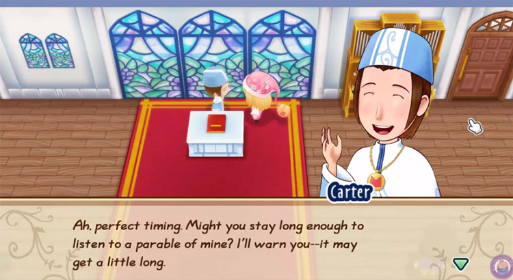 Carter invites the farmer to listen to one of his parables. Source / Story of Seasons: Friends of Mineral Town
