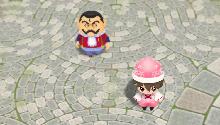 The farmer stands in front of Van as he walks to his stall in Rose Plaza. / Story of Seasons: Friends of Mineral Town