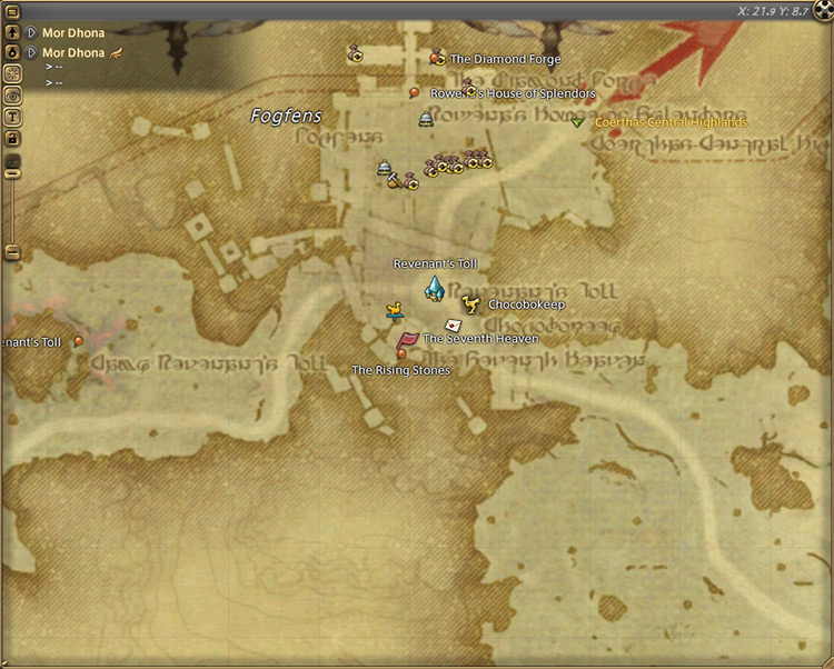 Hugubert’s map location in Mor Dhona / Final Fantasy XIV