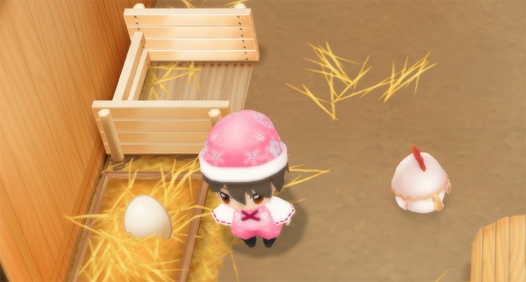 The farmer places an egg into the Coop’s incubator. / Story of Seasons: Friends of Mineral Town