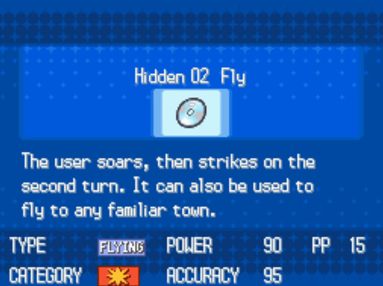 In-game details for HM02 Fly / Pokémon Black/White