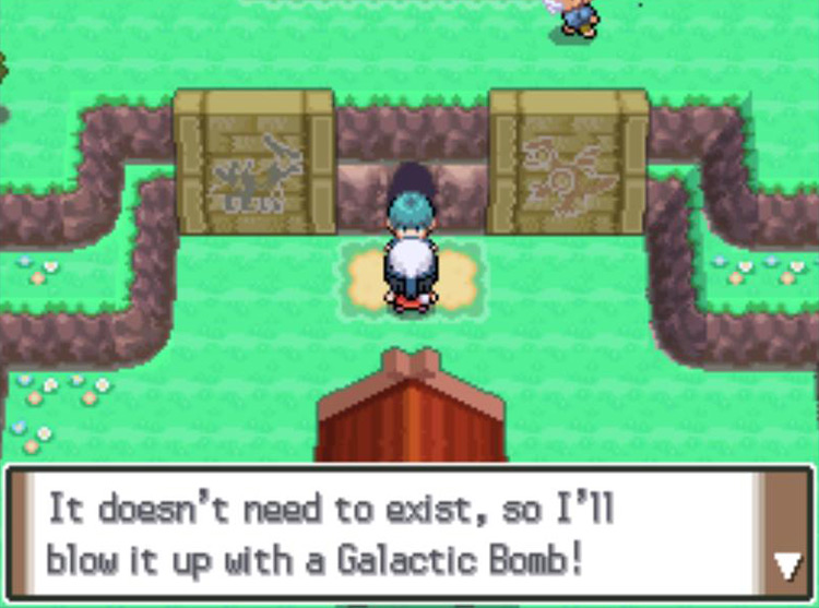 A Galactic Grunt barring entry into the Celestic Ruins. / Pokémon Platinum
