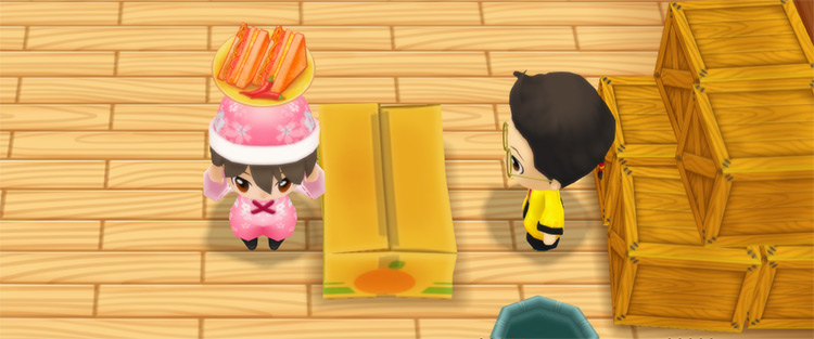 The farmer stands in front of Huang’s counter while holding a Spicy Sandwich. / Story of Seasons: Friends of Mineral Town