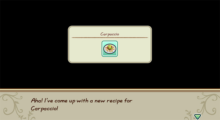The farmer gets inspired to cook Carpaccio while in the kitchen. / Story of Seasons: Friends of Mineral Town
