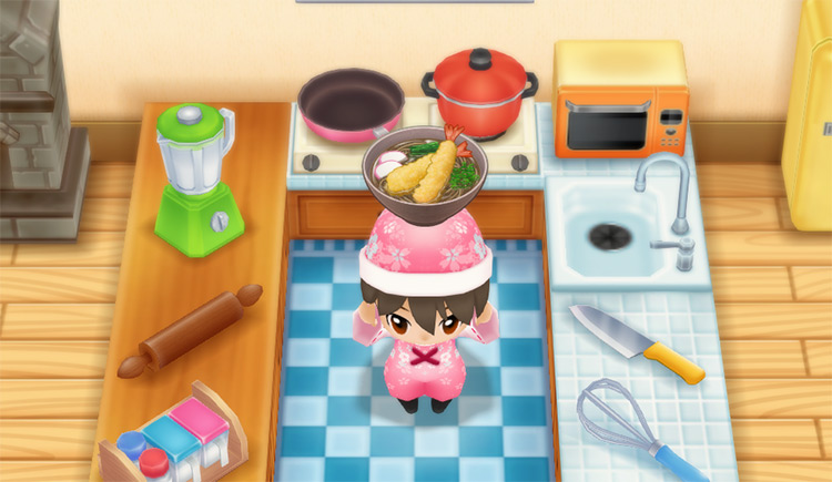 The farmer cooks Tempura Soba in the kitchen using Zaru Soba. / Story of Seasons: Friends of Mineral Town