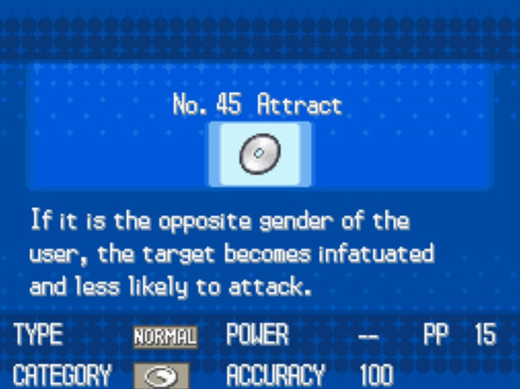 In-game details for TM45 Attract / Pokémon Black/White