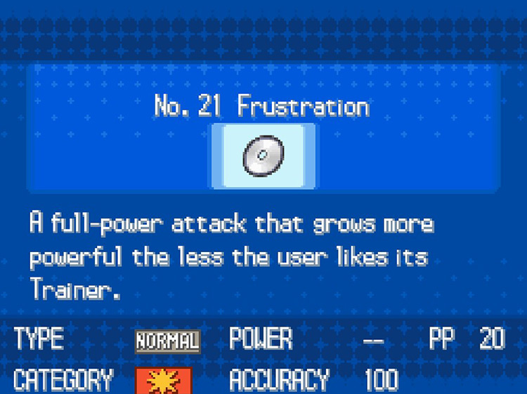 In-game details for TM21 Frustration / Pokémon Black/White