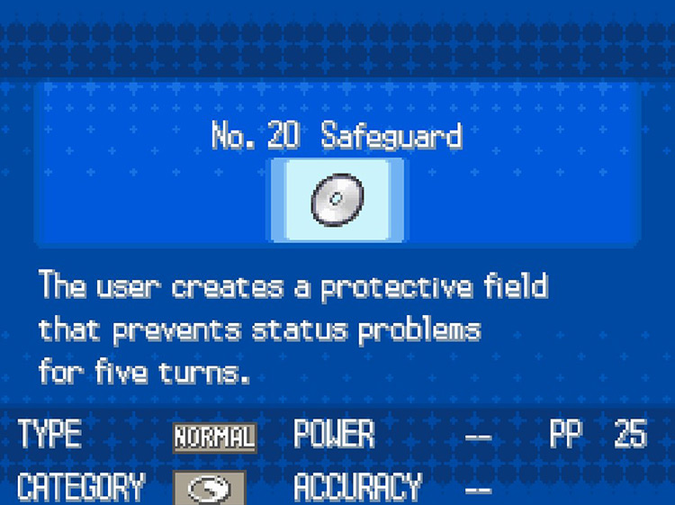 In-game details for TM20 Safeguard / Pokémon Black/White