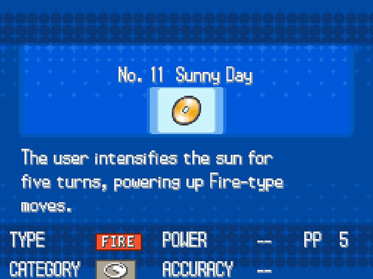 In-game details for TM11 Sunny Day / Pokémon Black/White
