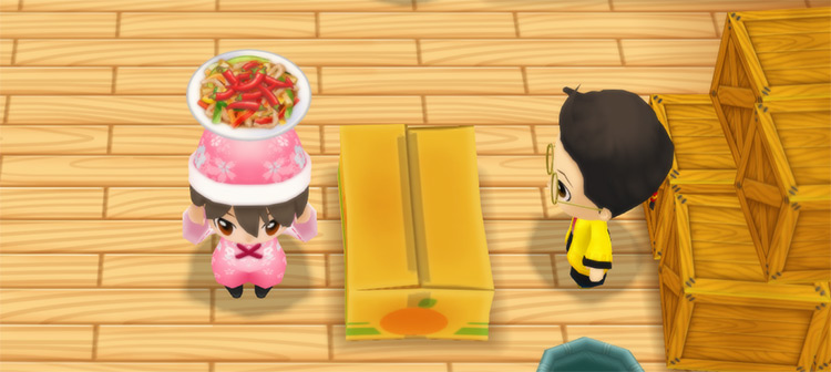The farmer stands in front of Huang’s counter while holding a plate of Spicy Pepper Steak. / Story of Seasons: Friends of Mineral Town
