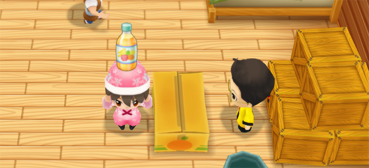 The farmer stands in front of Huang’s counter while holding a glass of Mixed Juice. / Story of Seasons: Friends of Mineral Town