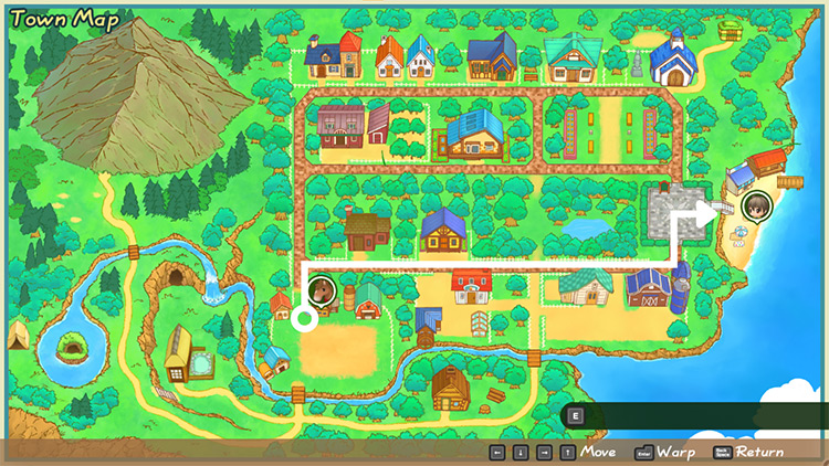 A map of Mineral Town with a white line directing you to Mineral Beach. / Story of Seasons: Friends of Mineral Town