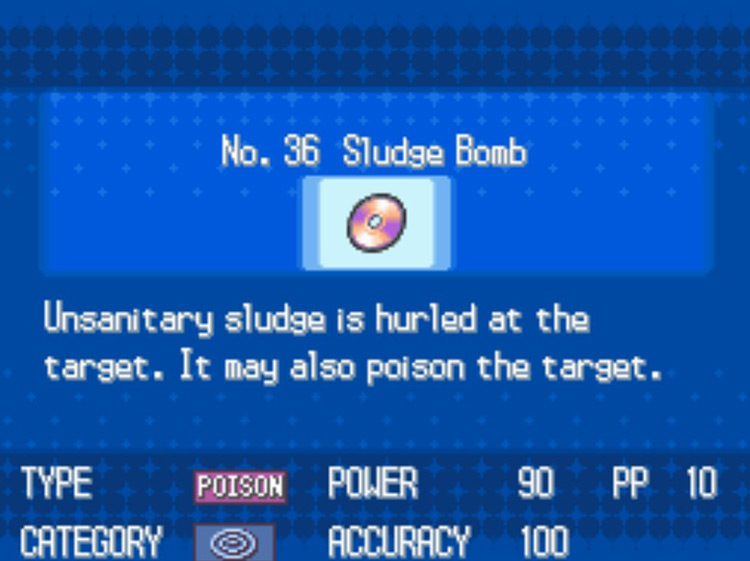 In-game details for TM36 Sludge Bomb / Pokémon Black & White
