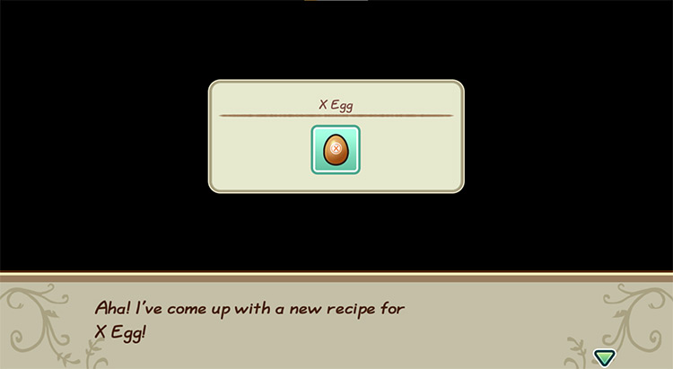 The farmer gets inspired to cook X Egg while in the kitchen. / Story of Seasons: Friends of Mineral Town