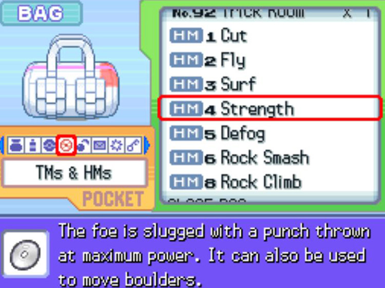 In-game description for HM04 Strength / Pokémon Platinum