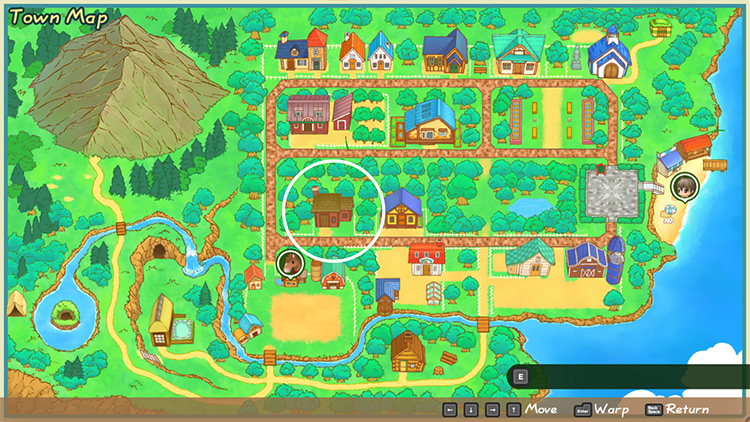 Map of Mineral Town with the Forge encircled. / Story of Seasons: Friends of Mineral Town