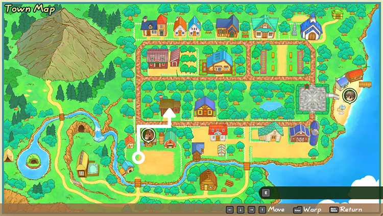 Map of Mineral Town with directions to the forge. / Story of Seasons: Friends of Mineral Town