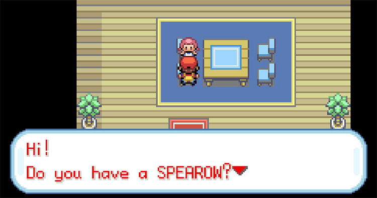 Trading a Spearow for a Farfetch’d to the girl in the house next to the Pokémon Fan Club / Pokemon FRLG
