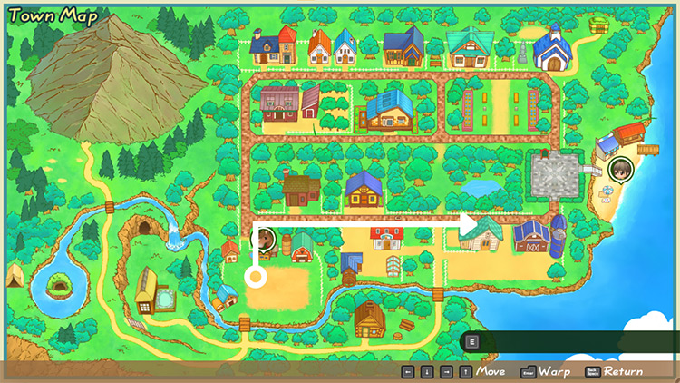 Map of Mineral Town with directions to Yodel Ranch. / Story of Seasons: Friends of Mineral Town