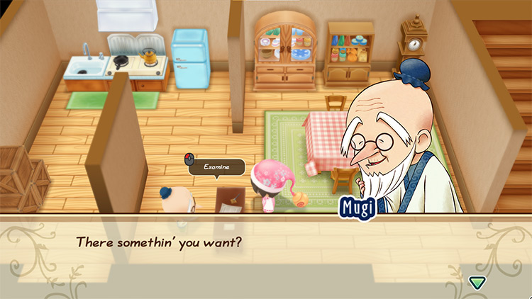 Mugi greets the farmer as they enter Yodel Ranch. / Story of Seasons: Friends of Mineral Town