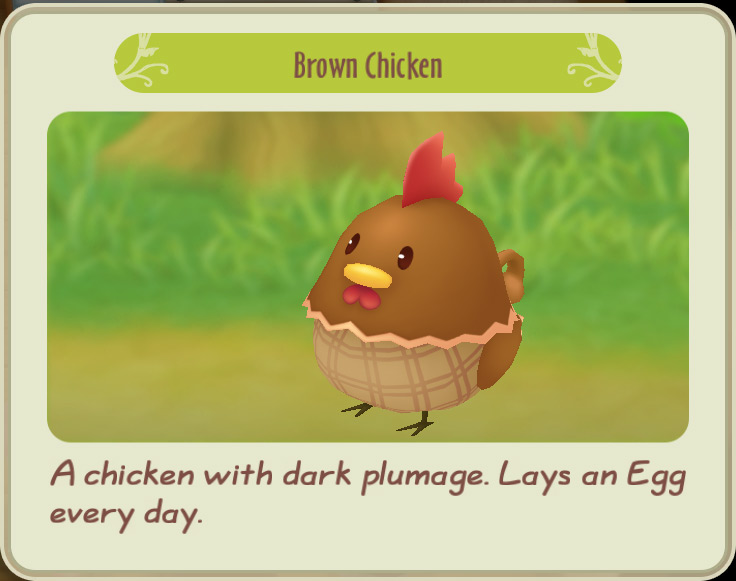 The character description of a brown chicken. / Story of Seasons: Friends of Mineral Town