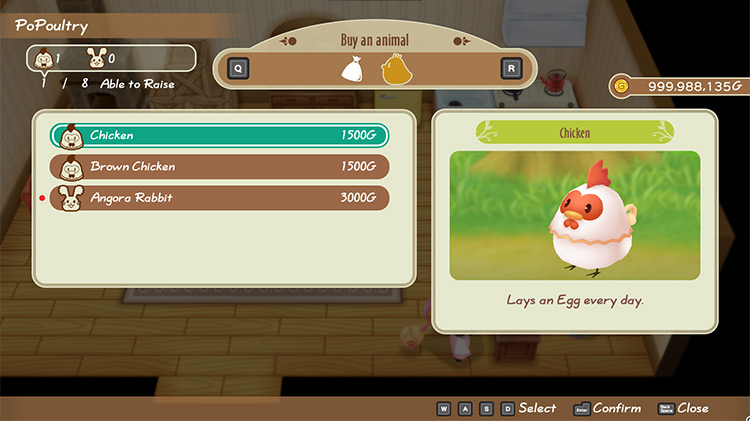 The shop menu at PoPoultry Ranch with the white chicken selected. / Story of Seasons: Friends of Mineral Town