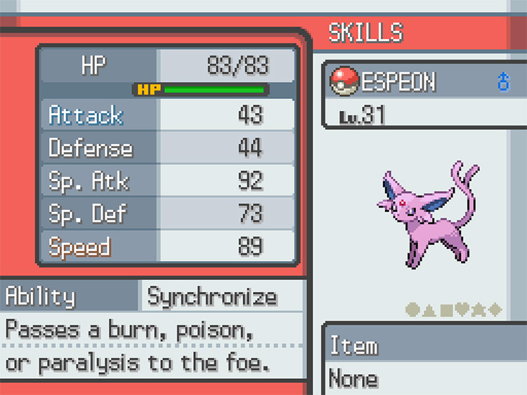 A Timid Espeon’s Stats at level 31 / Pokémon HeartGold